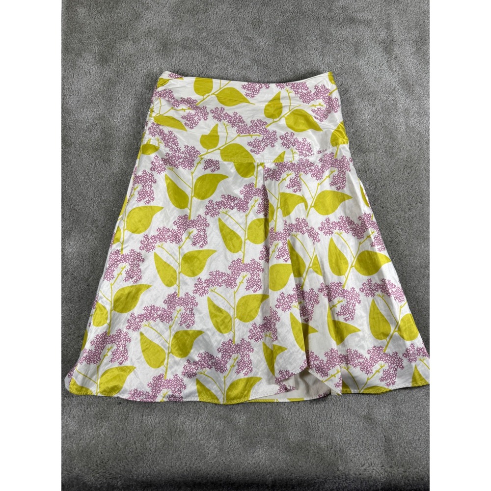 Kial Floral A-Line Midi Skirt Size 6 White Yellow Purple Leaf Print Cotton Blend